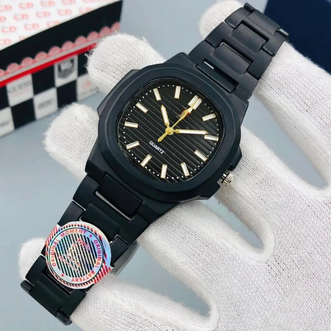 Men Square Watch Black Dial Silver Steel Chain Strap