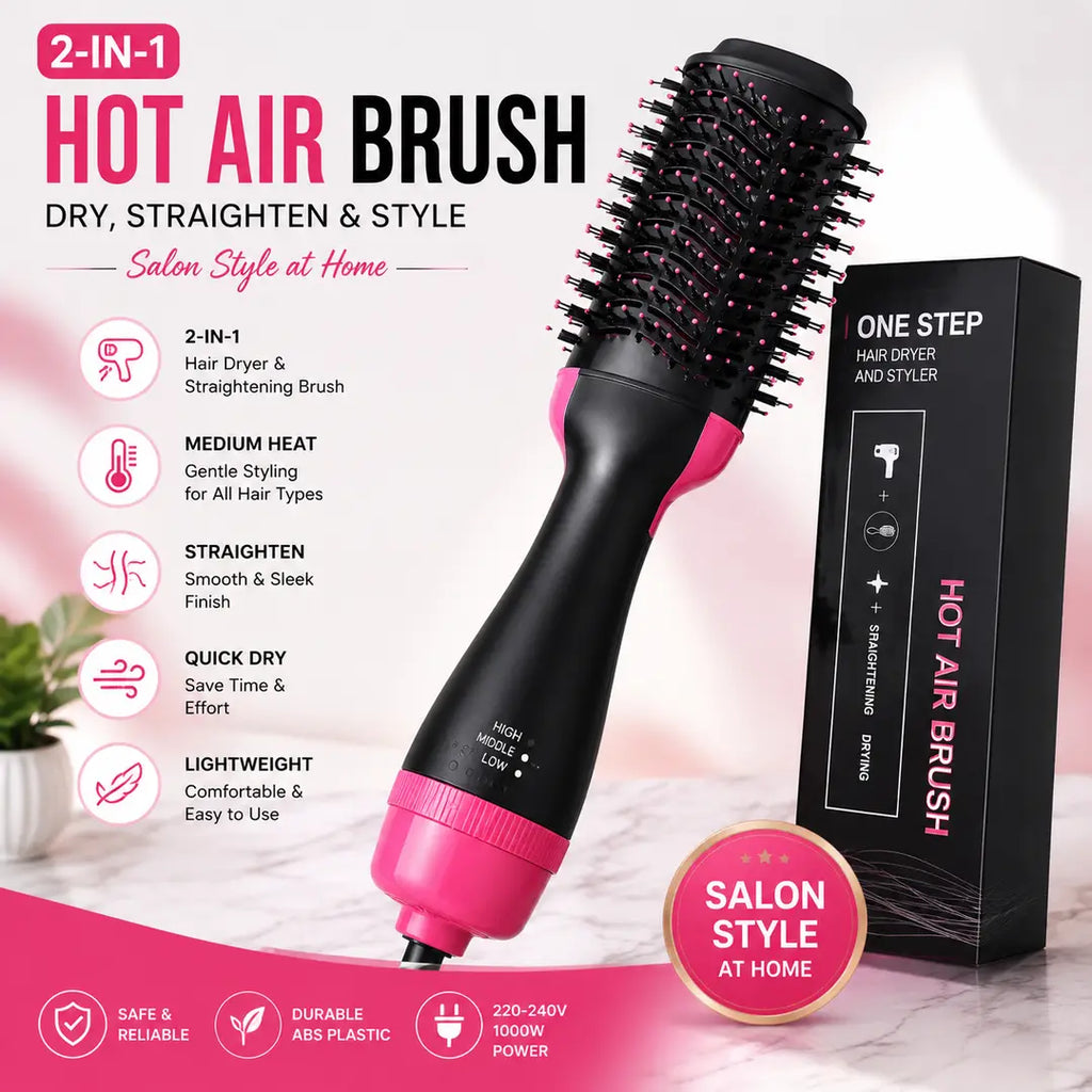 2-in-1 Hot Air Brush Hair Dryer & Straightening Brush | Electric Hair Styler | Pink & Black