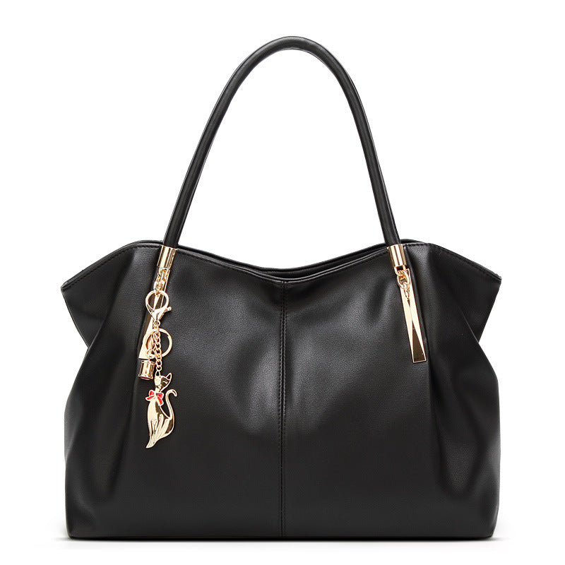 Black Faux Leather Handbag with Cat Charm & Gold Hardware