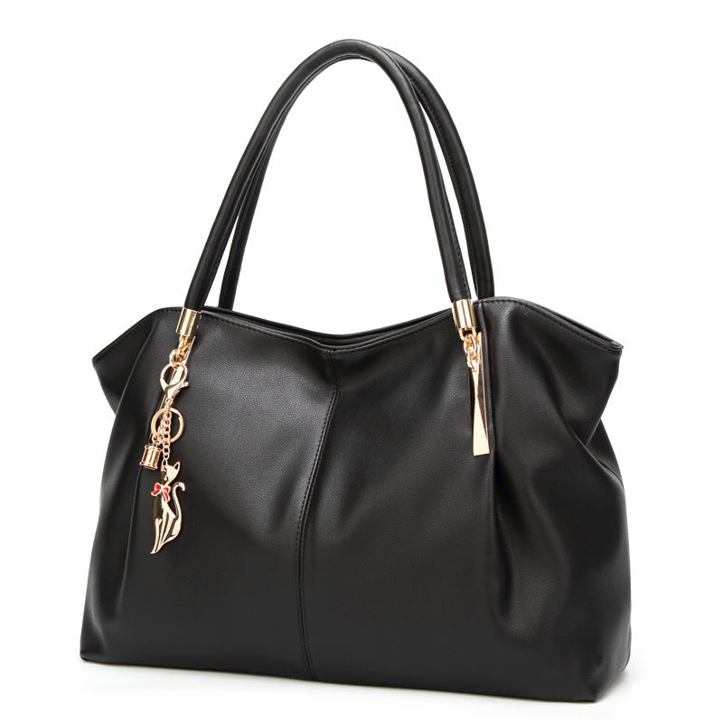 Black Faux Leather Handbag with Cat Charm & Gold Hardware