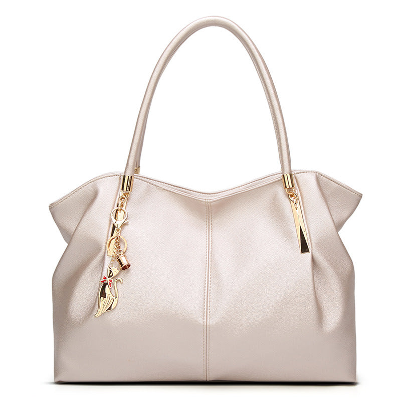 Black Faux Leather Handbag with Cat Charm & Gold Hardware